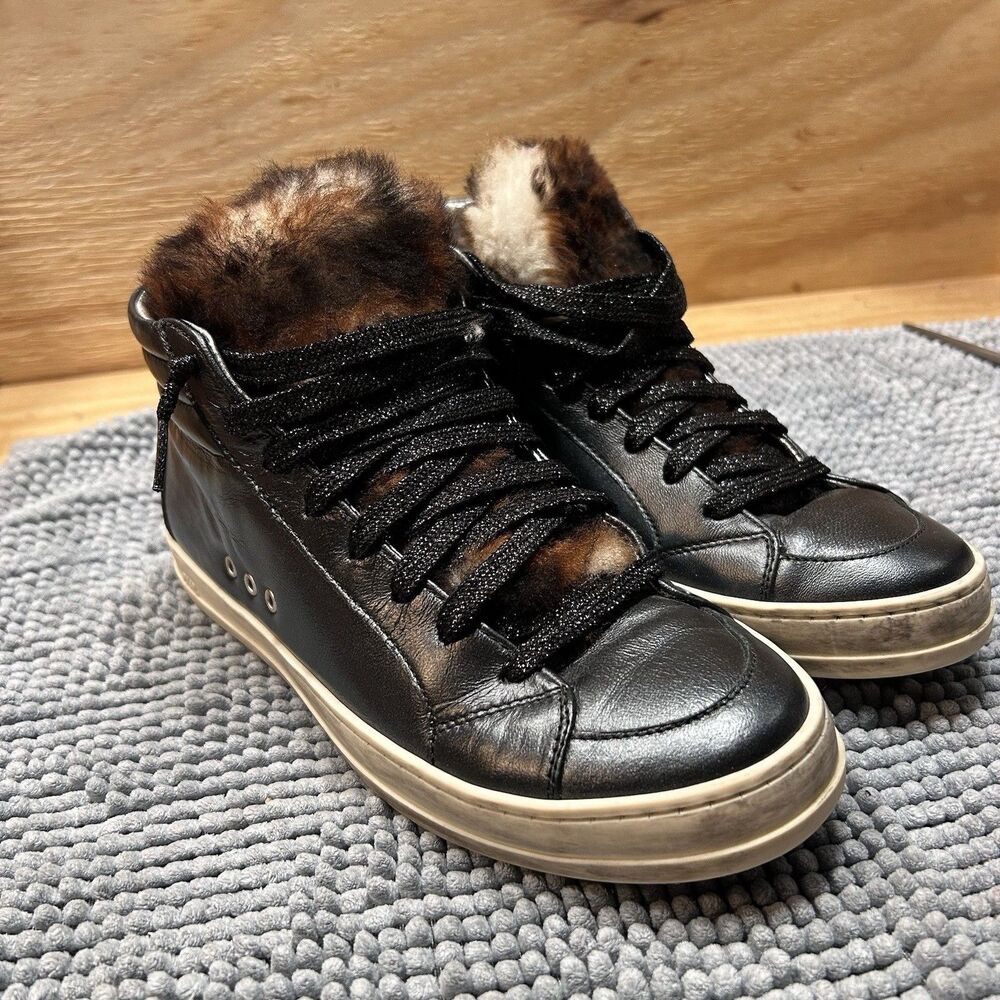 P448 Womens Black Leather Fur Skate High-Top Sneaker Shoes Size 8 (EU 38) Italy